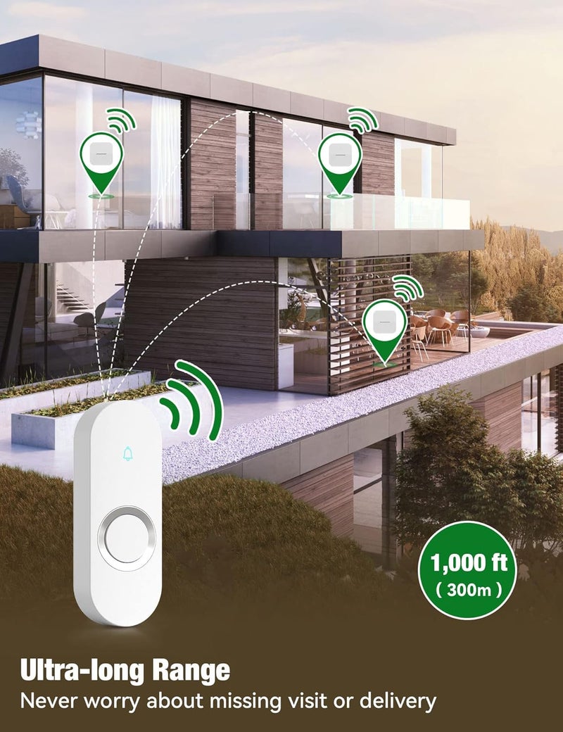 Aida Lighted Wireless Doorbell, Home Waterproof Doorbell 1,000ft Range, 5 Volume Levels with 58 Doorbell Chimes & LED Flash (White, Doorbell with 2 Buttons & 2 Receivers) - Image 2